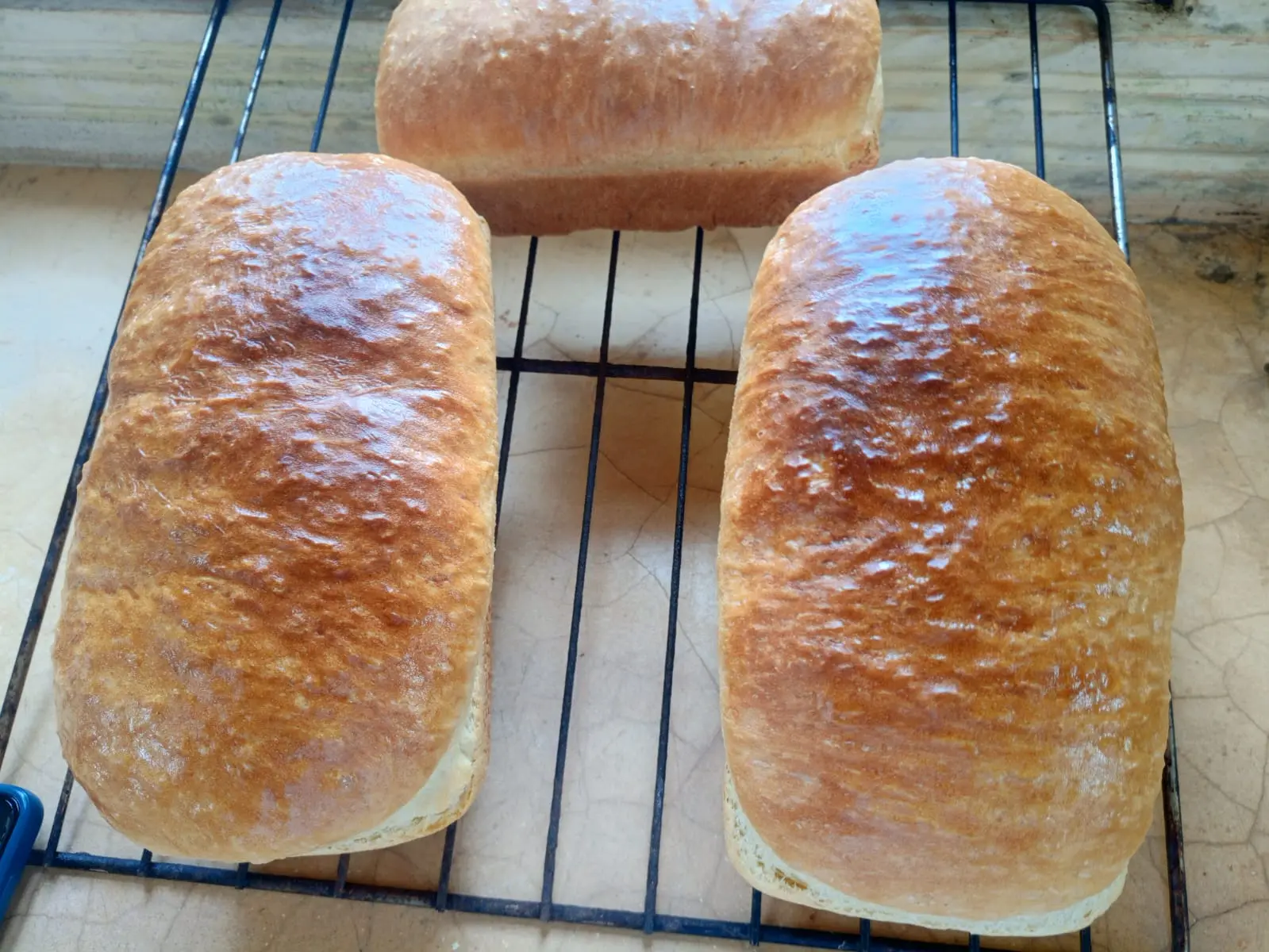 Fresh baked bread loaves cooling on rack, showcasing chef's baking skills