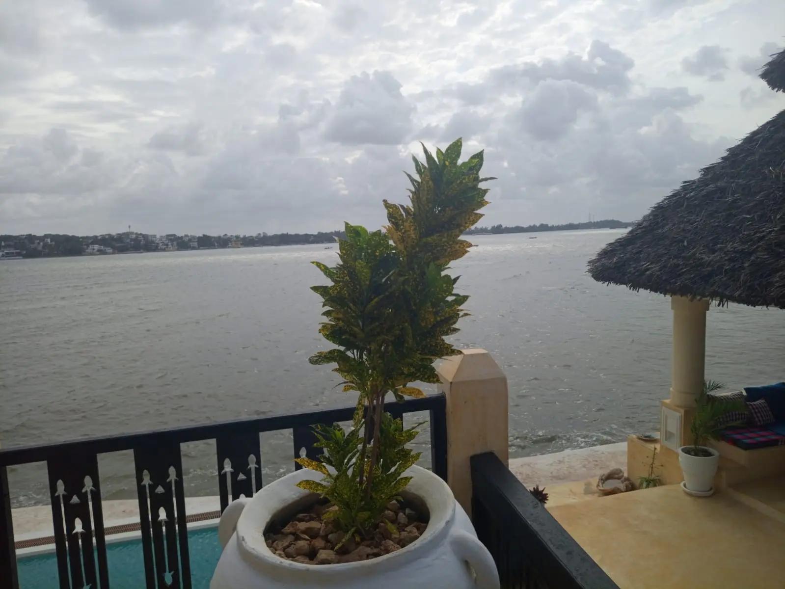 Stunning ocean view from terrace showing Lamu town and traditional railings